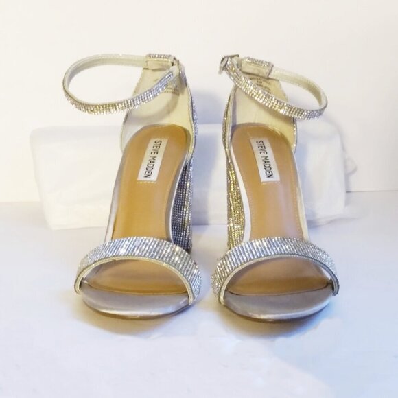 Steve Madden Carrson Silver Crystal Covered Block Heel Sparkly Sandals  Sz 9.5 - Picture 2 of 11